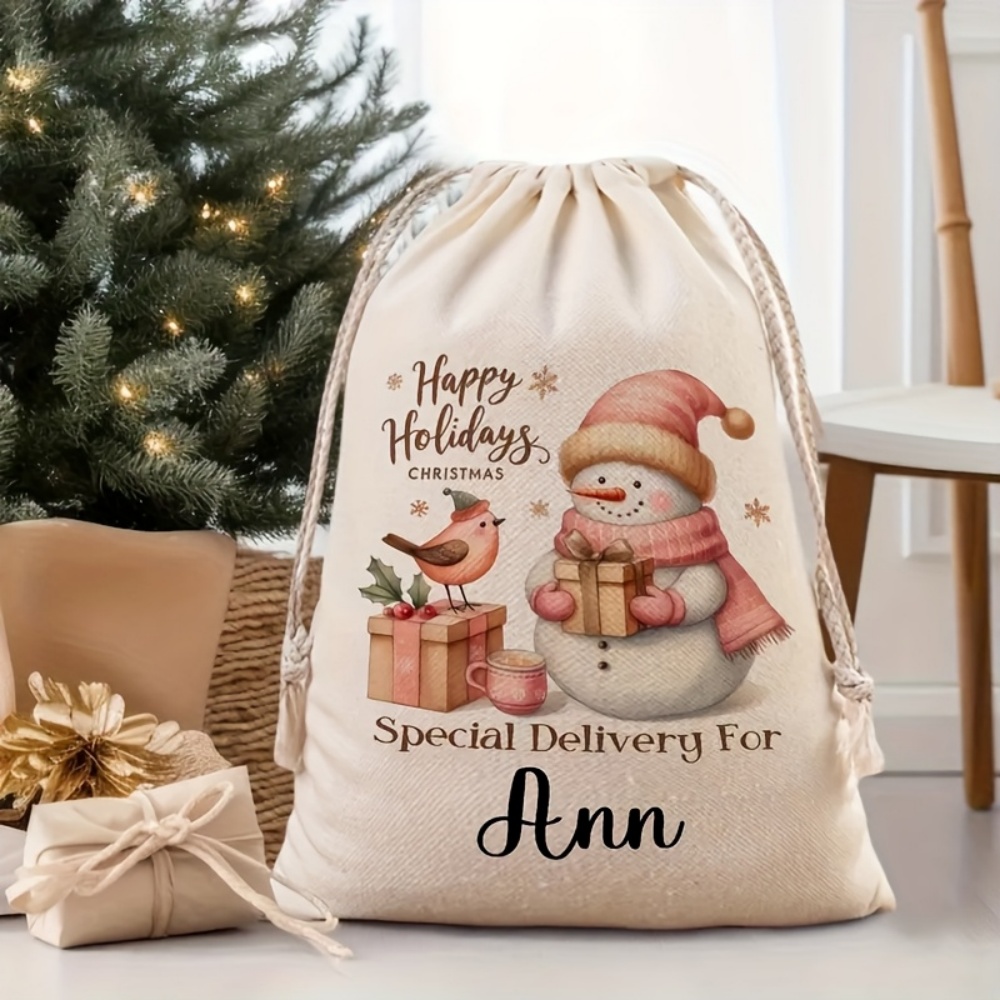 Winter Clothing Name - Personalised Christmas Snowman Drawstring Sack, Custom