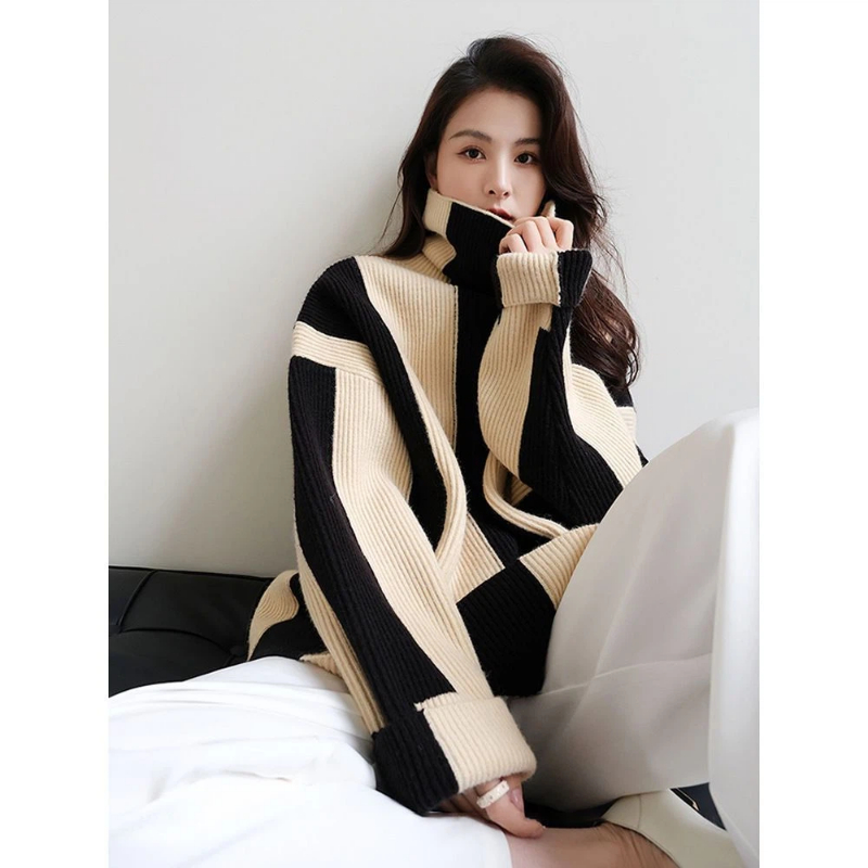 Lazy Style Striped Contrast Lo - Winter Clothing Korean ulasan dan harga